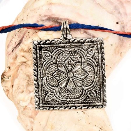 Aluminum Metal  Pendant Square Shape With Flower Carved And Leafy Border