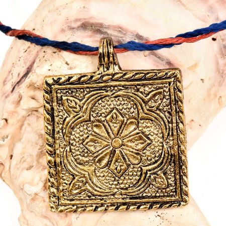 Golden Aluminum Metal  Pendant Square Shape With Flower Carved And Leafy Border