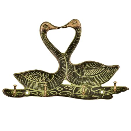 Two Brass Swan with 4 Hooks Crafted Key Holder With Patina