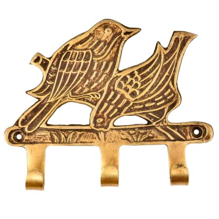 Hand Crafted Two Brass Birds With Three Wall Hooks