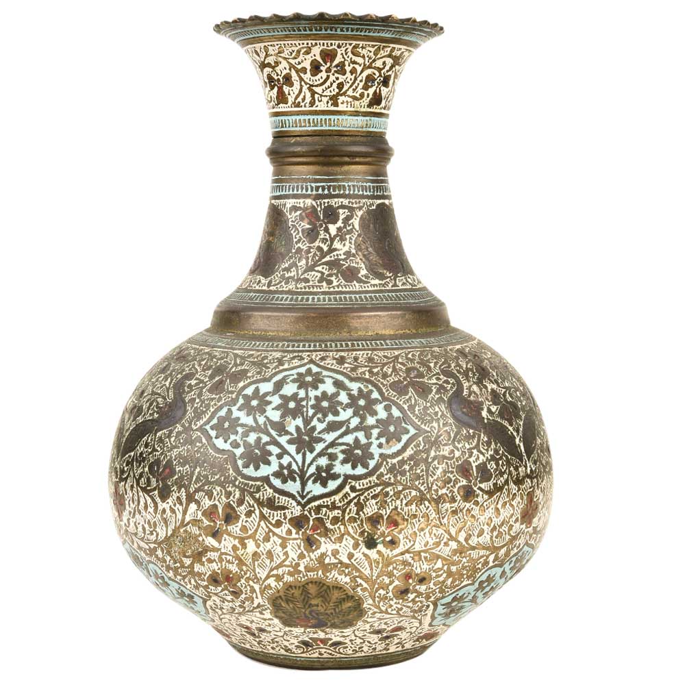 Decorative Floral Design Enameled Brass Vase