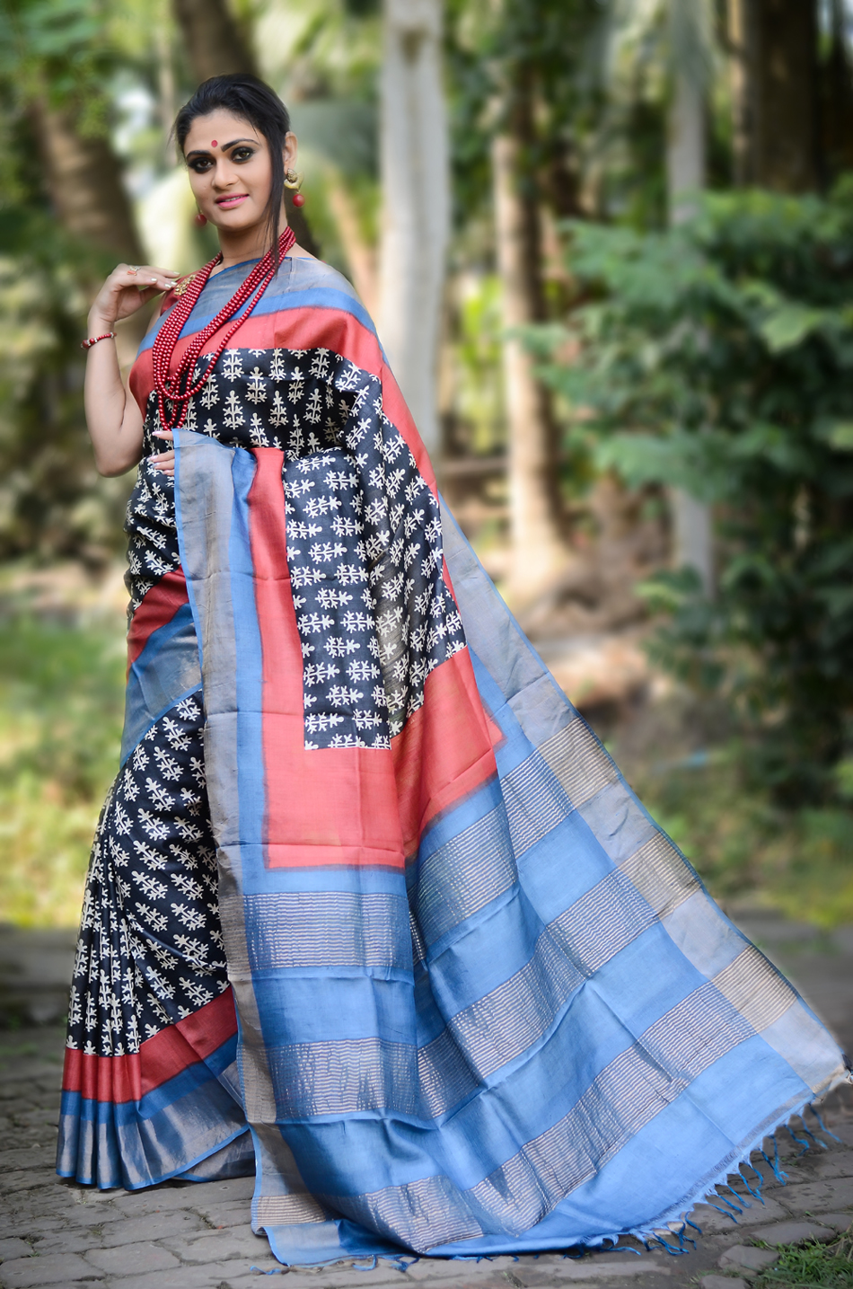 Zari Border Pure Tussar Silk Saree Bangal Handwoven Hand Block/Dyed Zari Tossor Sari with SilkMark assurance Tag 02