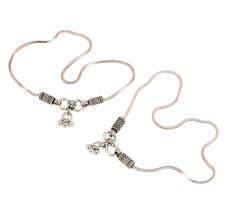 Ideal Plain Chain Silver Anklets Payal with Floral End Hanging Bells
