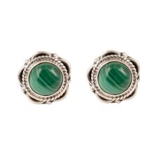 Sterling Silver Earrings Green Malachite Engraved Studs
