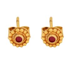 Traditional 18 Karat Gold Stud Earrings Pink Tourmaline Studs For Girls
