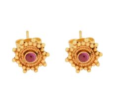 Small 18 Karat Gold Earrings Floral Design And Purple Zircon Stud