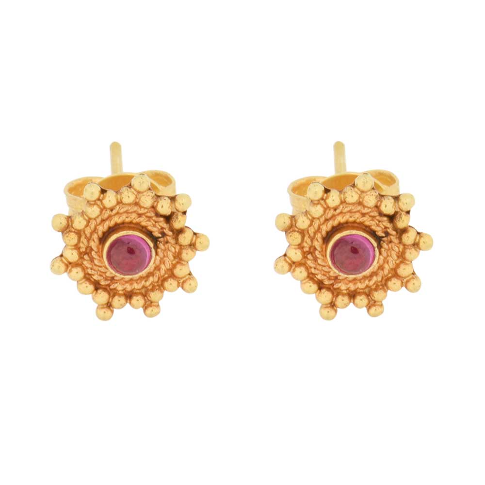 Small Gold Earrings Floral Design And Purple Zircon Stud