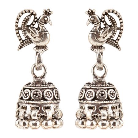 925 Sterling Silver Earrings Peacock on Top Base Floral Design Traditional Jhumkies