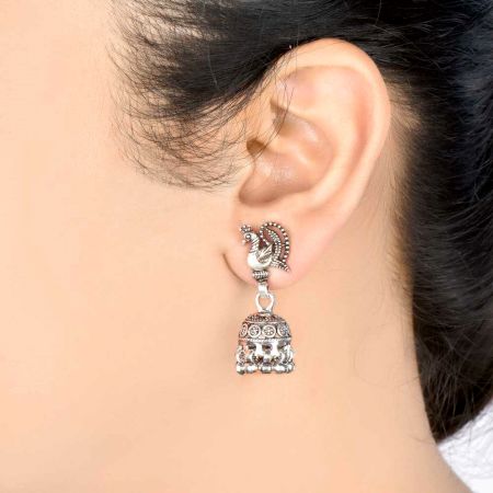 925 Sterling Silver Earrings Peacock on Top Base Floral Design Traditional Jhumkies