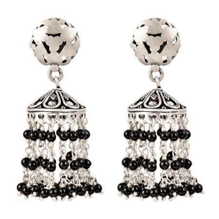 92.5 Sterling Silver Earrings With Pearl And Black Beads Tassel Jhumkas Earrings