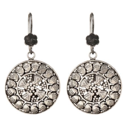 92.5 Sterling Silver Drop Earrings Round Engraved Silver Earrings