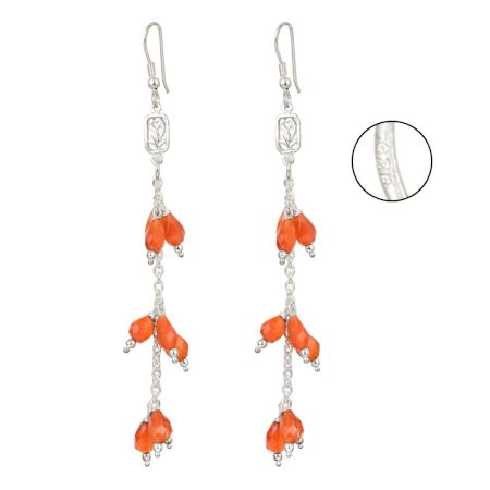 92.5 Sterling Silver Earrings Tiny Faceted Carnelian Beads Long Hangings