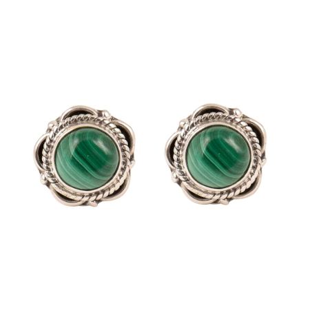 Sterling Silver Earrings Green Malachite Engraved Studs