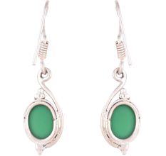 92.5 Sterling Silver Earring Single Oval Shaped Green Agate Hook Earrings