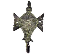 Brass Tribal Elephant Face Wall Hook With Long Ears And Green Finish