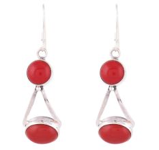 92.5 Sterling Silver Earrings  Round Red Agate Dangle Earrings