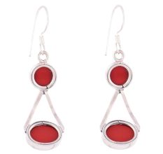 92.5 Sterling Silver Earrings  Round Red Agate Dangle Earrings