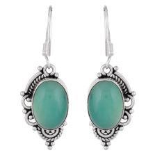 92.5 Sterling Silver Earings Half Design Oval Green Agate Earrings