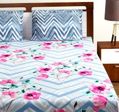 Bombay Dyeing Blue Pink Floral 120 TC Cotton Double 1 Bedsheet With 2 Pillow Covers