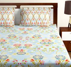 Bombay Dyeing Blue Colorful Floral 120 TC Cotton Double 1 Bedsheet With 2 Pillow Covers