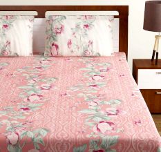 Bombay Dyeing Peach White Floral 180 TC Cotton Double 1 Bedsheet With 2 Pillow Covers