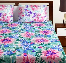 Bombay Dyeing Blue White Floral 180 TC Cotton Double 1 Bedsheet With 2 Pillow Covers