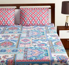 Bombay Dyeing  Blue Red Abstract 180 TC Cotton Double 1 Bedsheet With 2 Pillow Covers
