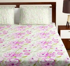 Bombay Dyeing Pink White Big Floral 180 TC Cotton Double 1 Bedsheet With 2 Pillow Covers