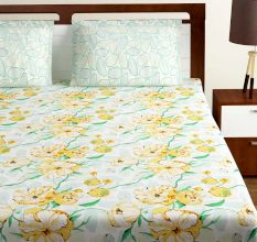 Bombay Dyeing Yellow Blue Floral 180 TC Cotton Double 1 Bedsheet With 2 Pillow Covers