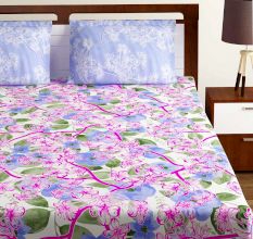 Bombay Dyeing Lavender Blue Floral 180 TC Cotton Double 1 Bedsheet With 2 Pillow Covers