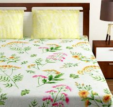 Bombay Dyeing Yellow White Floral 180 TC Cotton Double 1 Bedsheet With 2 Pillow Covers