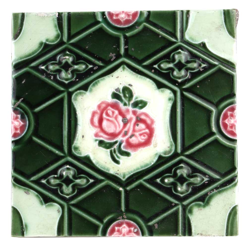 Old Ceramic Tile Geometric Green Design Pink Rose Hand painted Tile