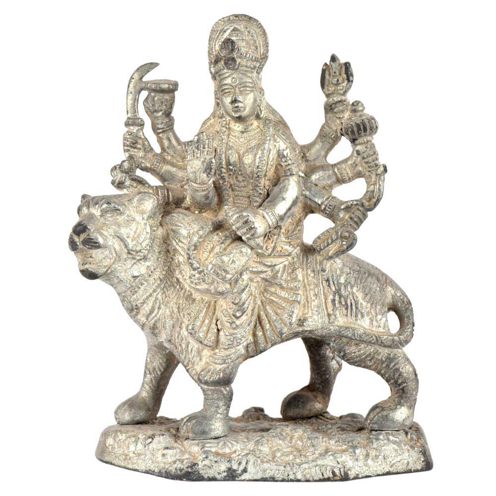 Brass Durga Statue For Navratri Puja With Silver Finish