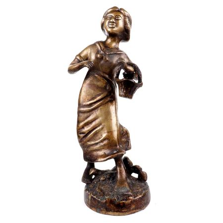 Brass English Statue Young Girl With Flower Basket