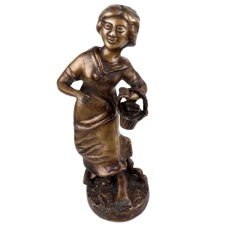 Brass English Statue Young Girl With Flower Basket