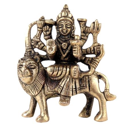 Brass Statue Of Mother Goddess Durga Seated on Lion