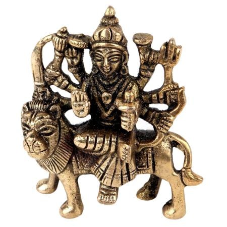 Brass Statue Of Mother Goddess Durga Seated on Lion