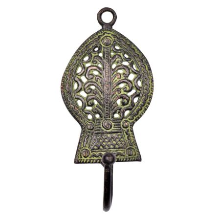 Tribal Wall Hook Engraved Border Leaf Design With Patina