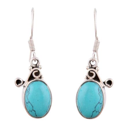 92.5 Sterling Silver Earrings Turquoise And Floral Carvings Dangle Earrings