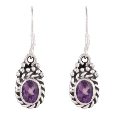 92.5 Sterling Silver Earrings Amethyst And Floral Carvings Dangle Earrings
