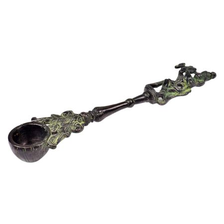Brass Krishna Havan Spoon With Flute And Peacocks With Green Finish