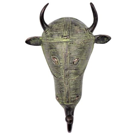 Handmade Brass Tribal Bull Face Wall Hook with Horns And Green Finish