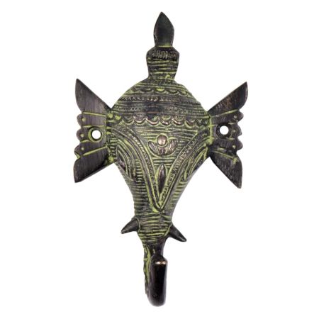 Brass Tribal Elephant Face Wall Hook With Long Ears And Green Finish