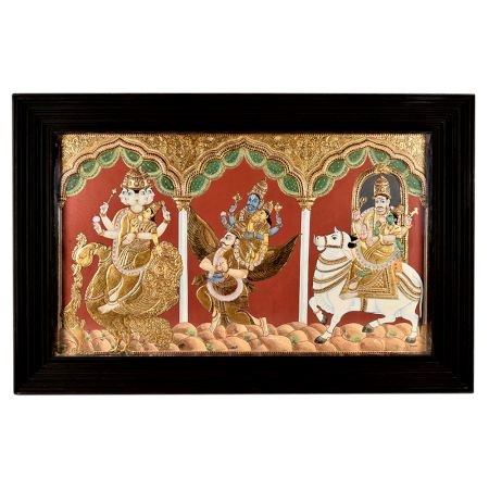 68 Inch Tanjore Painting Trimurti Brahma Vishnu Mahesh With Vahanas Consort Tridevi Sarasawat Durga And Laxmi