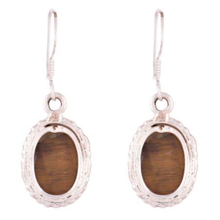 92.5 Sterling Silver Earring Tiger's Eye Round Silver Border Drop Earrings