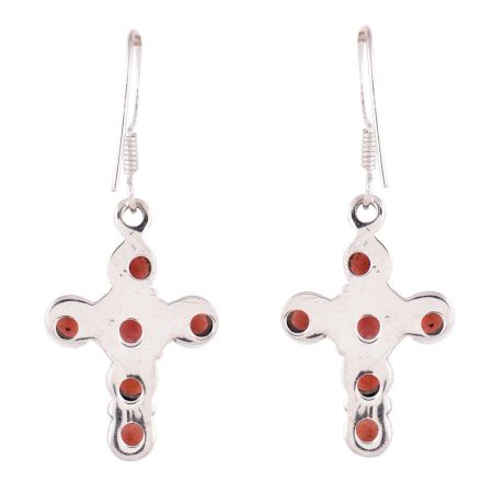92.5 Sterling Silver Earring Red Jade Cross Design Dangle Earrings