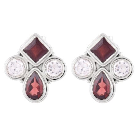 92.5 Sterling Silver Earrings  Garnet And American Diamond Stud Earrings