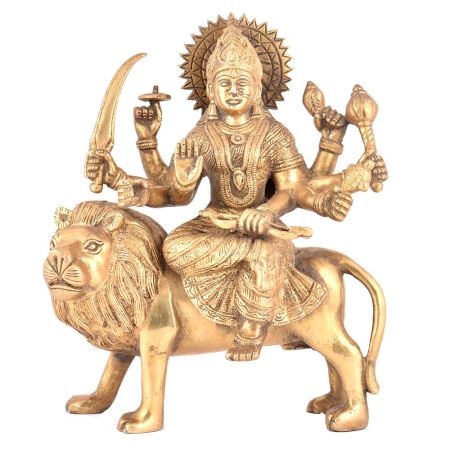 Brass Goddess Durga Statue Sitting On Tiger