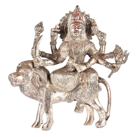 Brass Durga Statue Sherawali Mata With Silver Polish