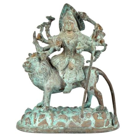 Brass Goddess Durga Statue Sitting On Tiger With Patina Finish